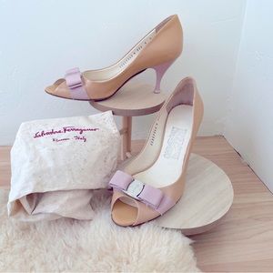 Ferragamo open toe two tone patent leather pump